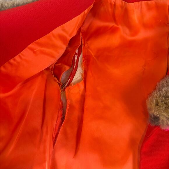 VTG L.C. Mae California Red Wool Coat Fur Trim Collar Hem Mid-Century Long XS - Picture 8 of 13